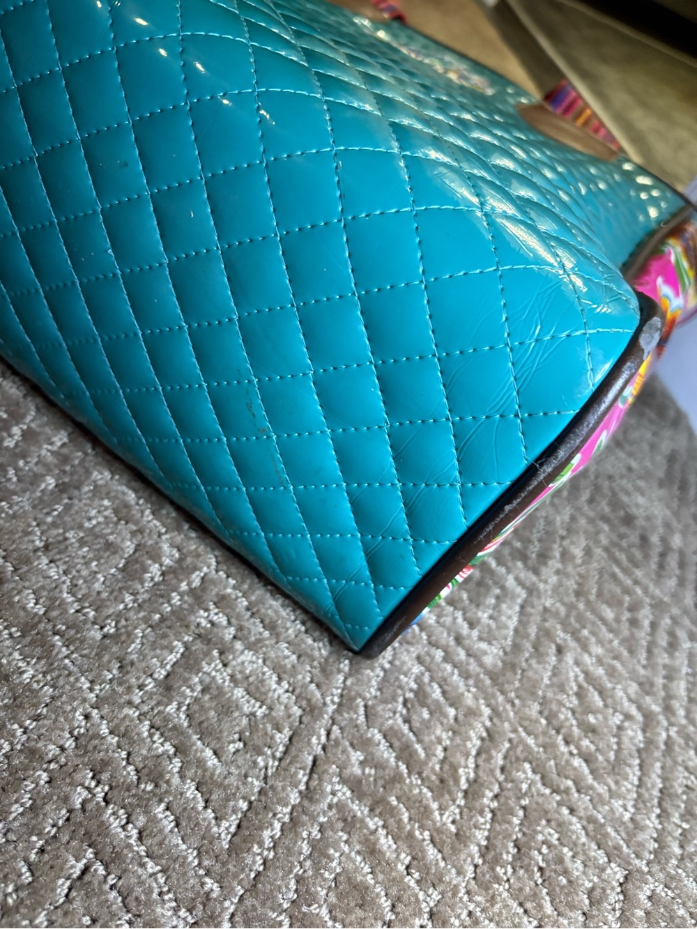 Consuela Teal Quilted Tote with Floral Side Panels and Striped Handles - Picture 10 of 12